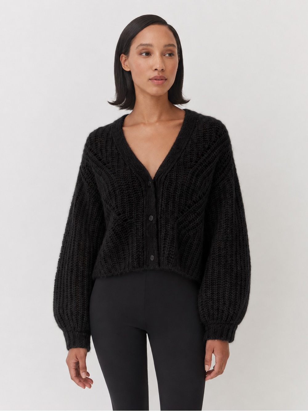 Cuyana Alpaca Wool Cropped Cardigan Black Chunky Knit XS
